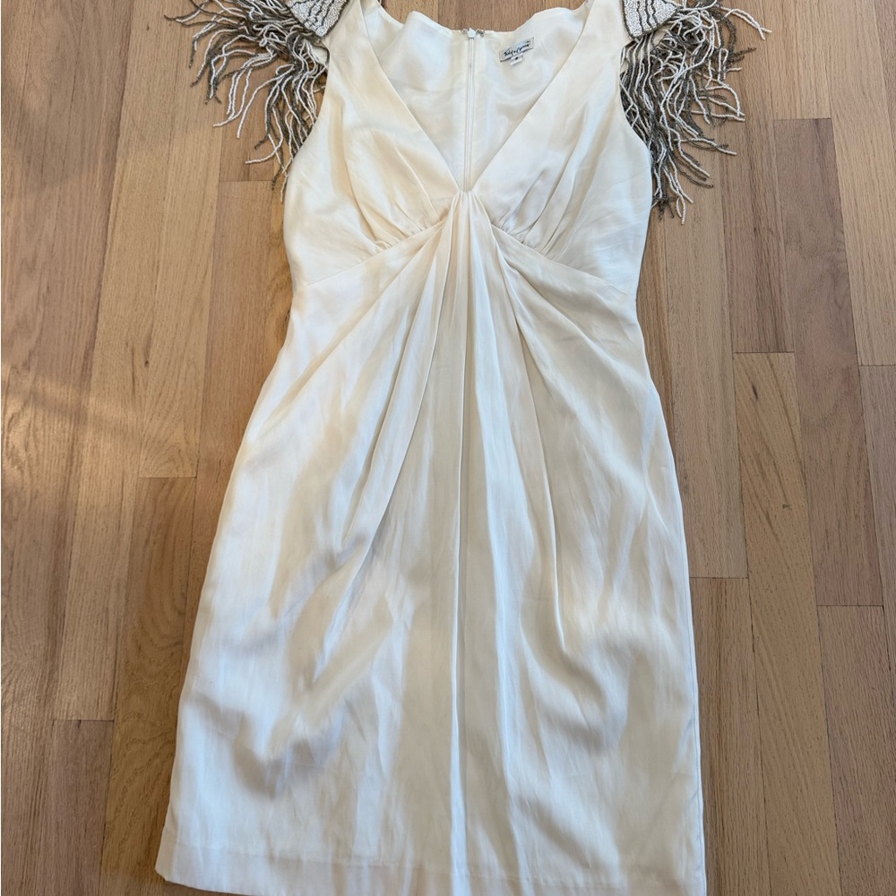 Vintage Foley + Corinna White Cocktail Dress with Beaded Shoulder Detail - Picture 2 of 4